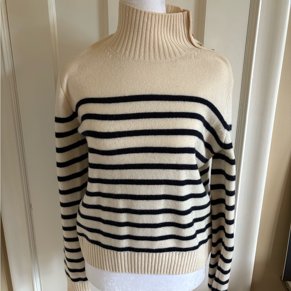 Maje Cream and Navy Striped Turtleneck Sweater